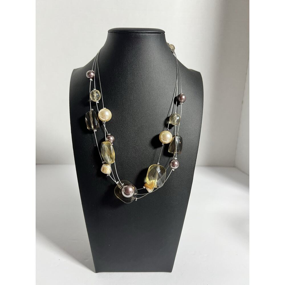 Vtg. Multi-strand Wire Necklace Tan, Cream & Brown Beads 18” L